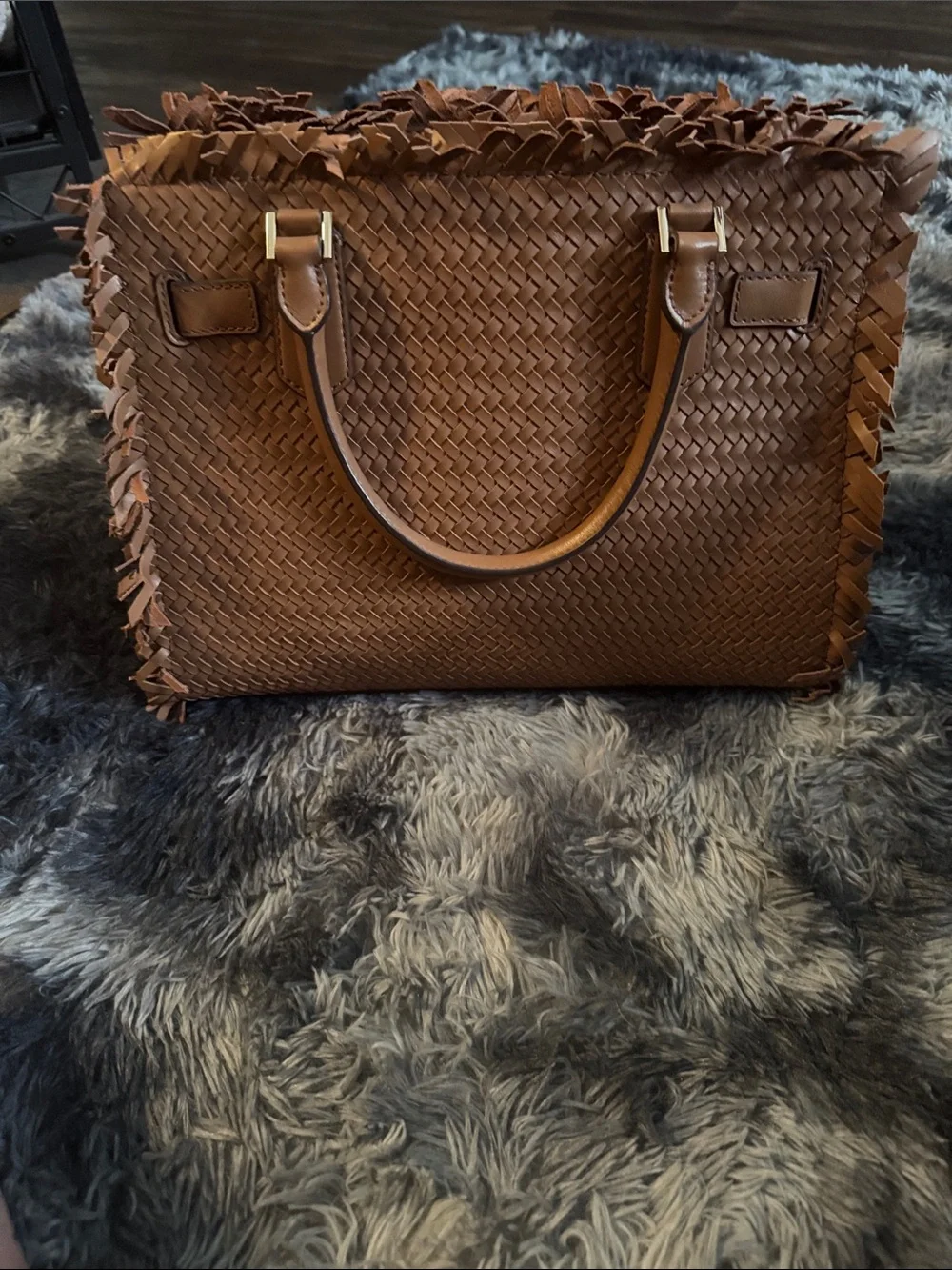 Michael Kors Brown Woven Leather Tote with Gold-Tone Charm